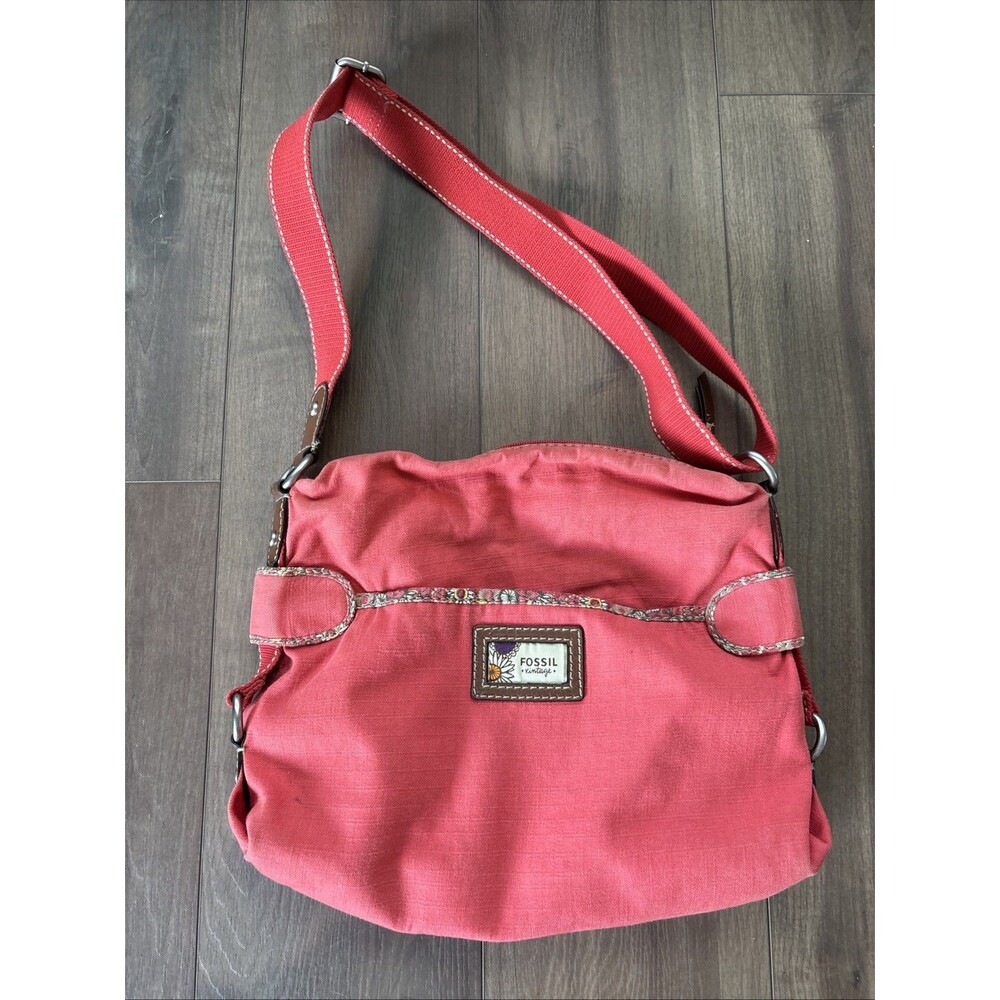 FOSSIL Long Live VINTAGE Orange Salmon Canvas Floral Slouch Granny Messenger Y2K